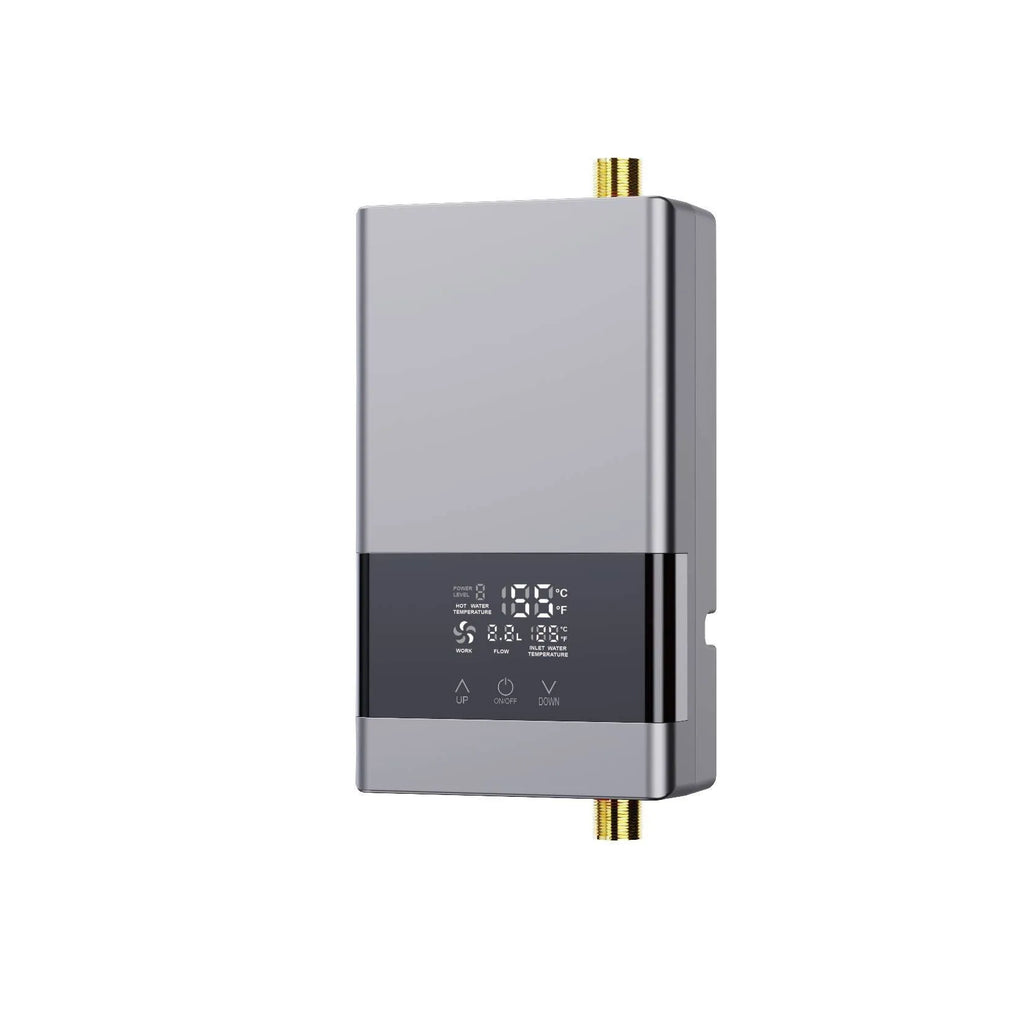 Small constant temperature water heater with LED touch screen display in gold, silver, or white finish