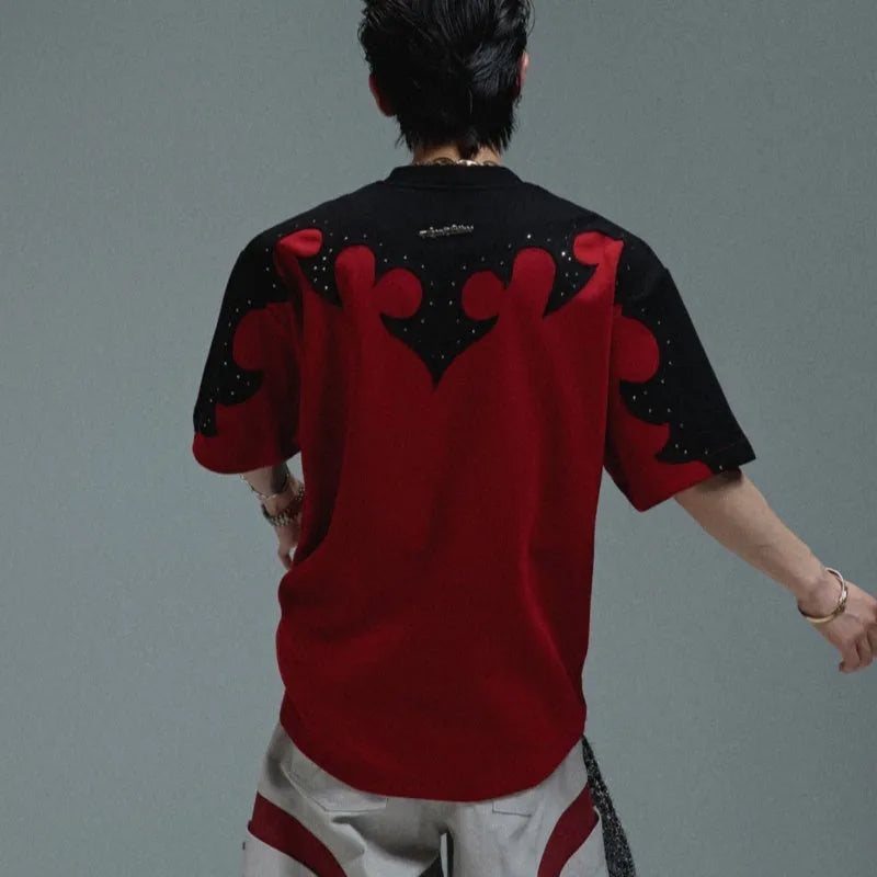 Men's red cotton t-shirt with 3D embroidered flower pattern and rhinestone details, loose drop-shoulder fit.