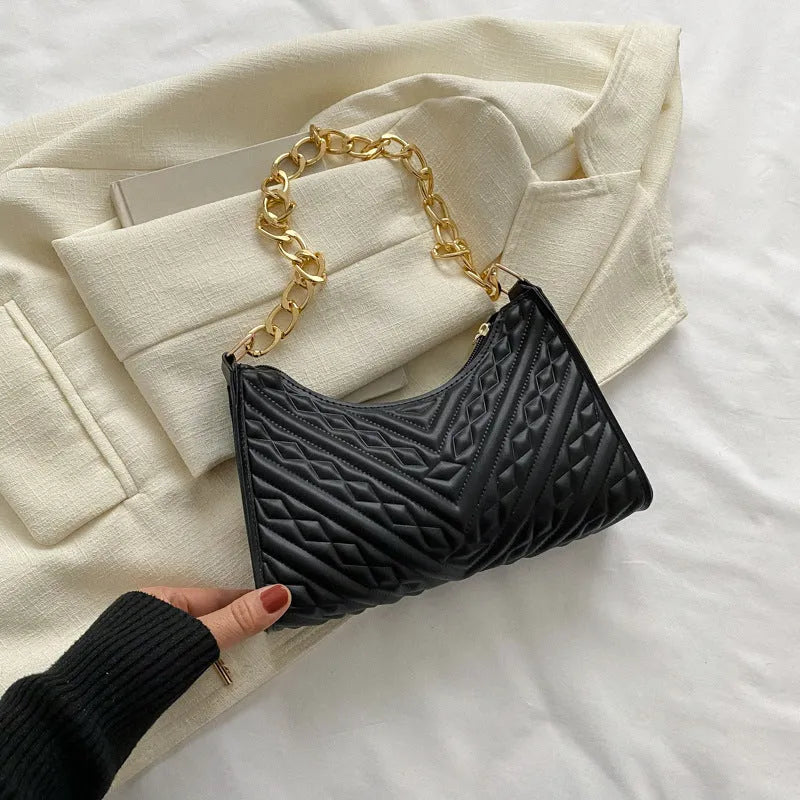 PU pleated chain baguette shoulder underarm bag in vertical square shape with adjustable strap