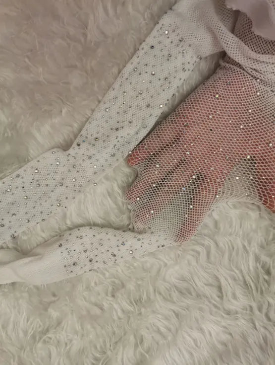 Women's mesh fishnet stockings with diamond pattern in black, white, and skin colour.
