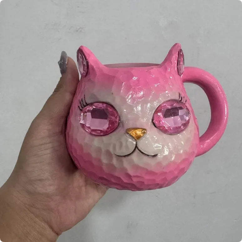 Translucent resin cat cup ornament in American style, shown in purple, green, blue, and pink colour options.