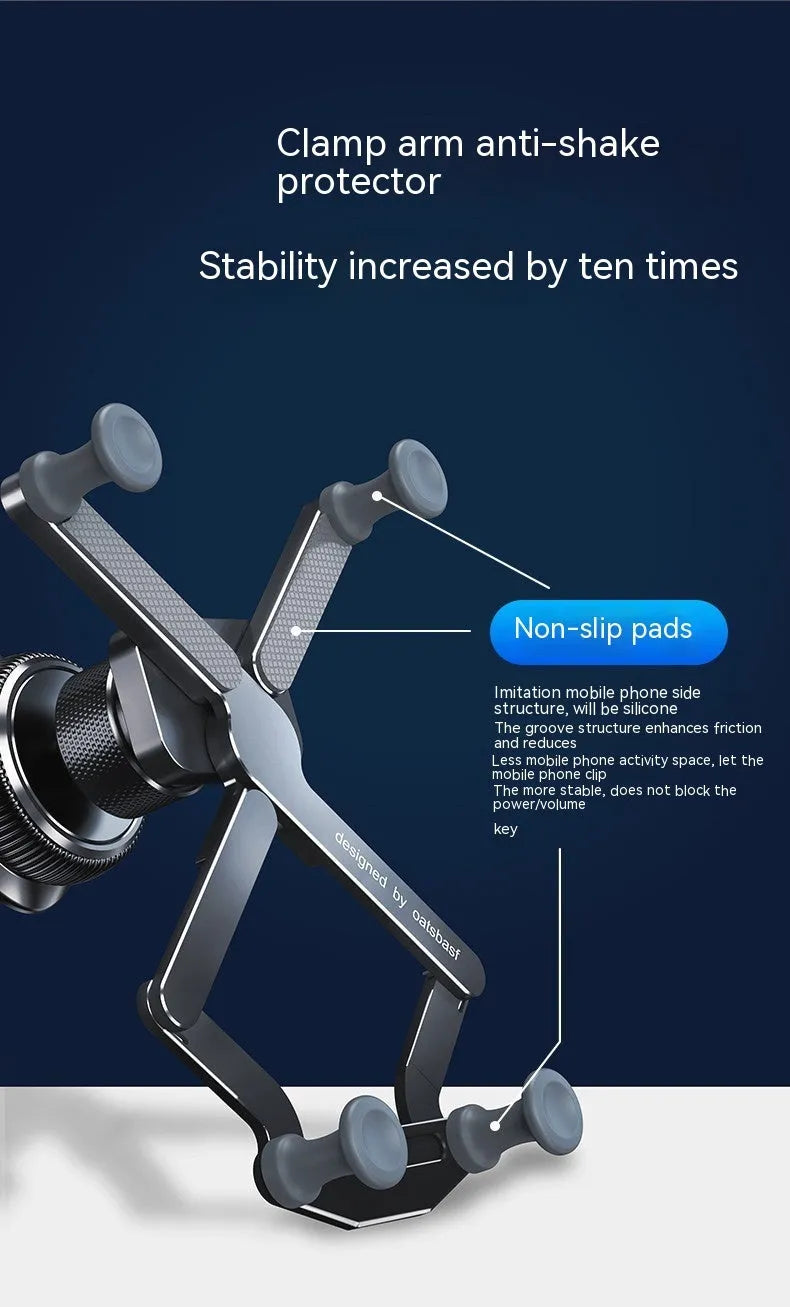 Aluminium alloy car phone mount bracket showing air vent and paste mounting versions in three colours