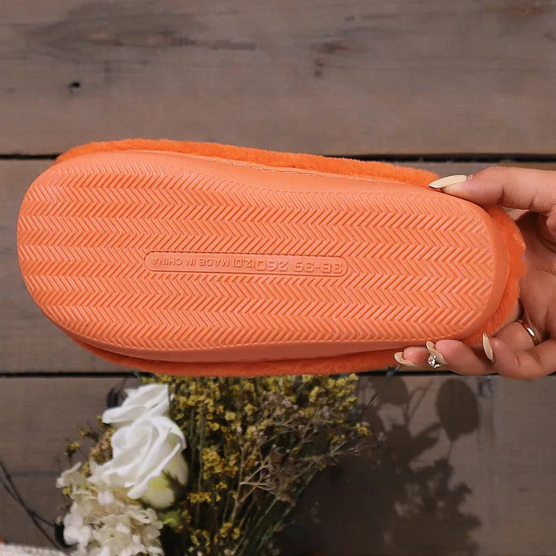 Orange Halloween pumpkin slippers with coral velvet upper and plush lining