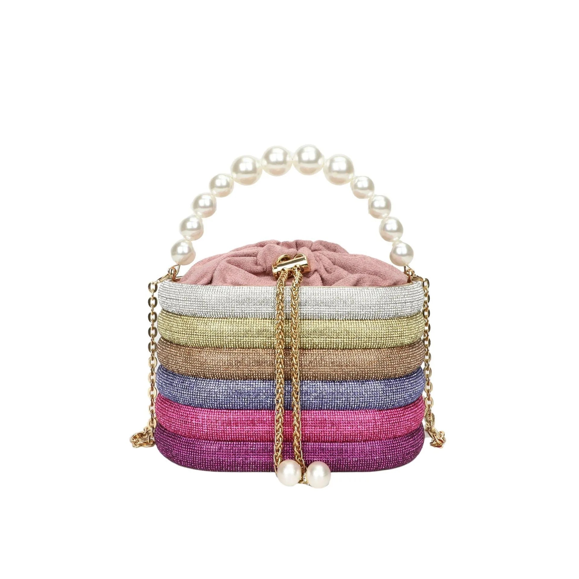 Retro style women's crossbody bag with pearl beading decoration and round shape