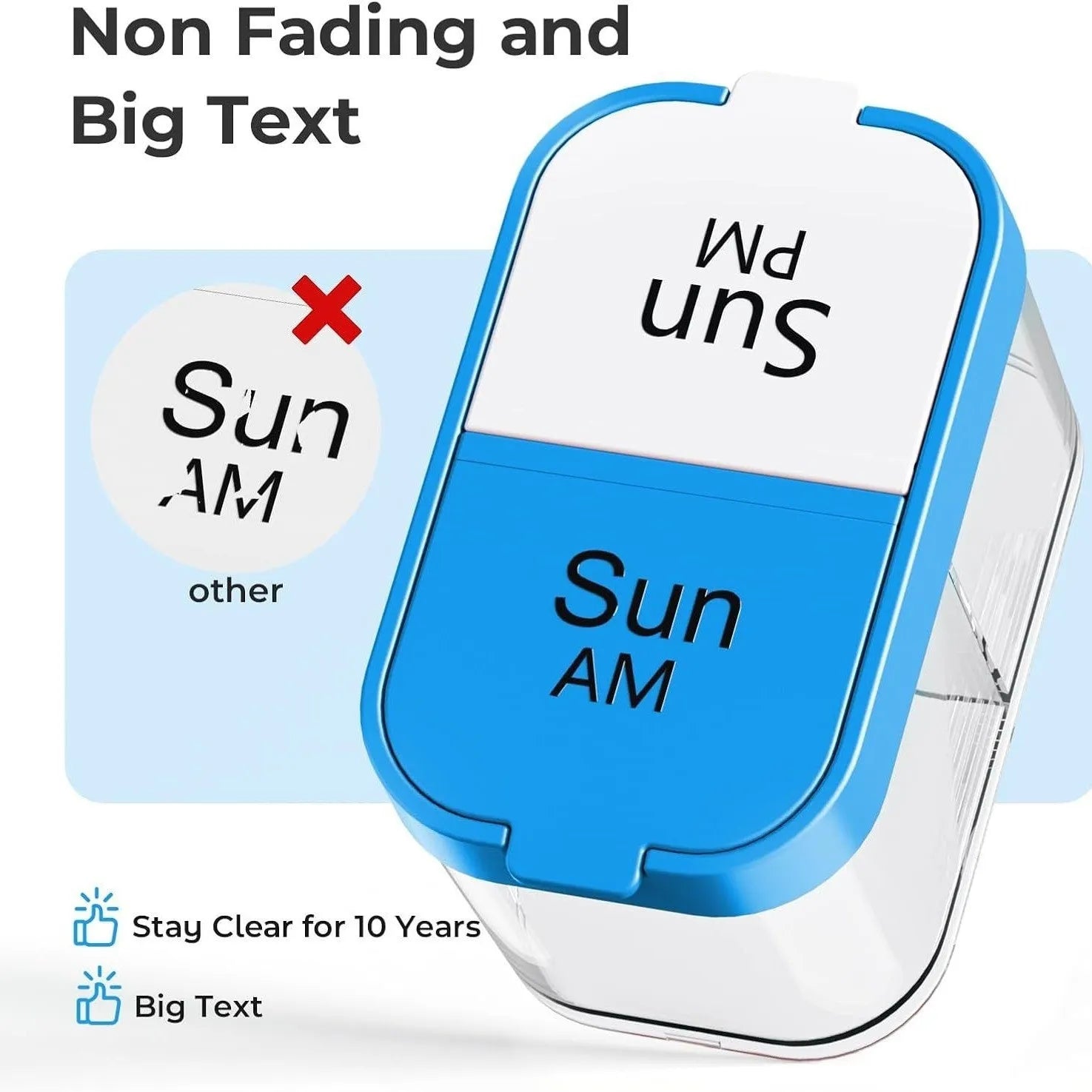 Portable pill box dispenser with 14 removable compartments showing white and rainbow colour options