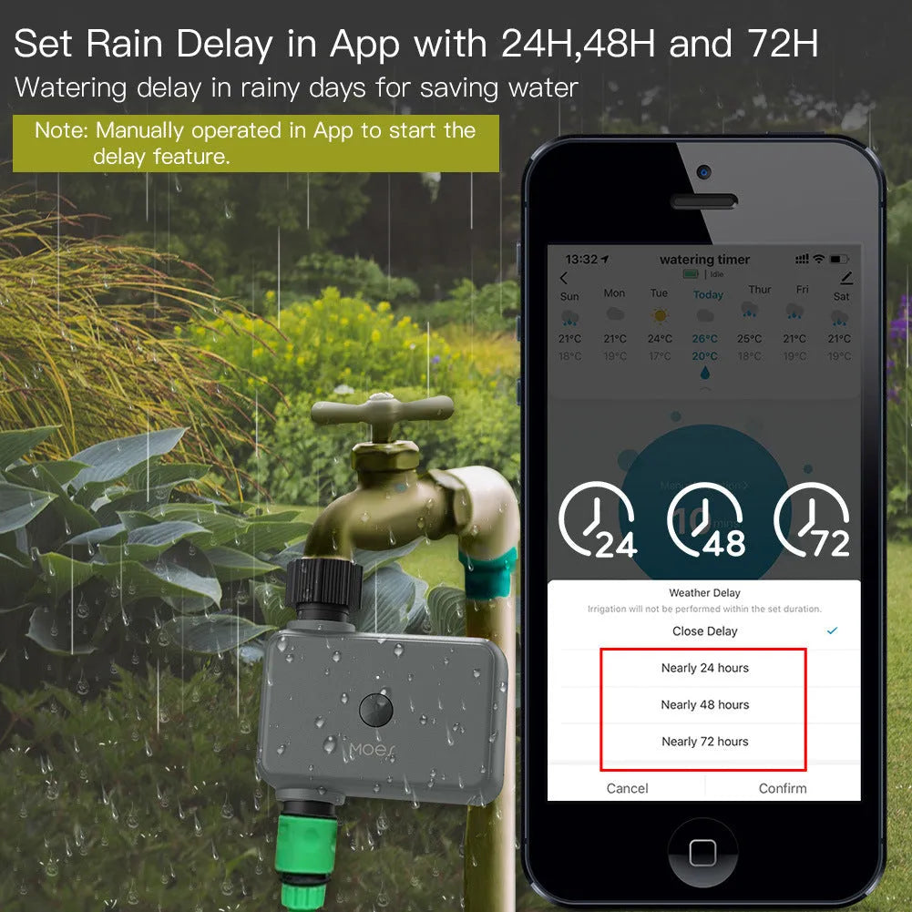 Bluetooth smart garden sprinkler timer with hose connector and smartphone showing watering app