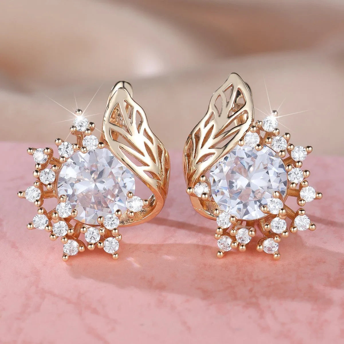 Round flower feather zircon drop earrings in champagne gold with six colour options