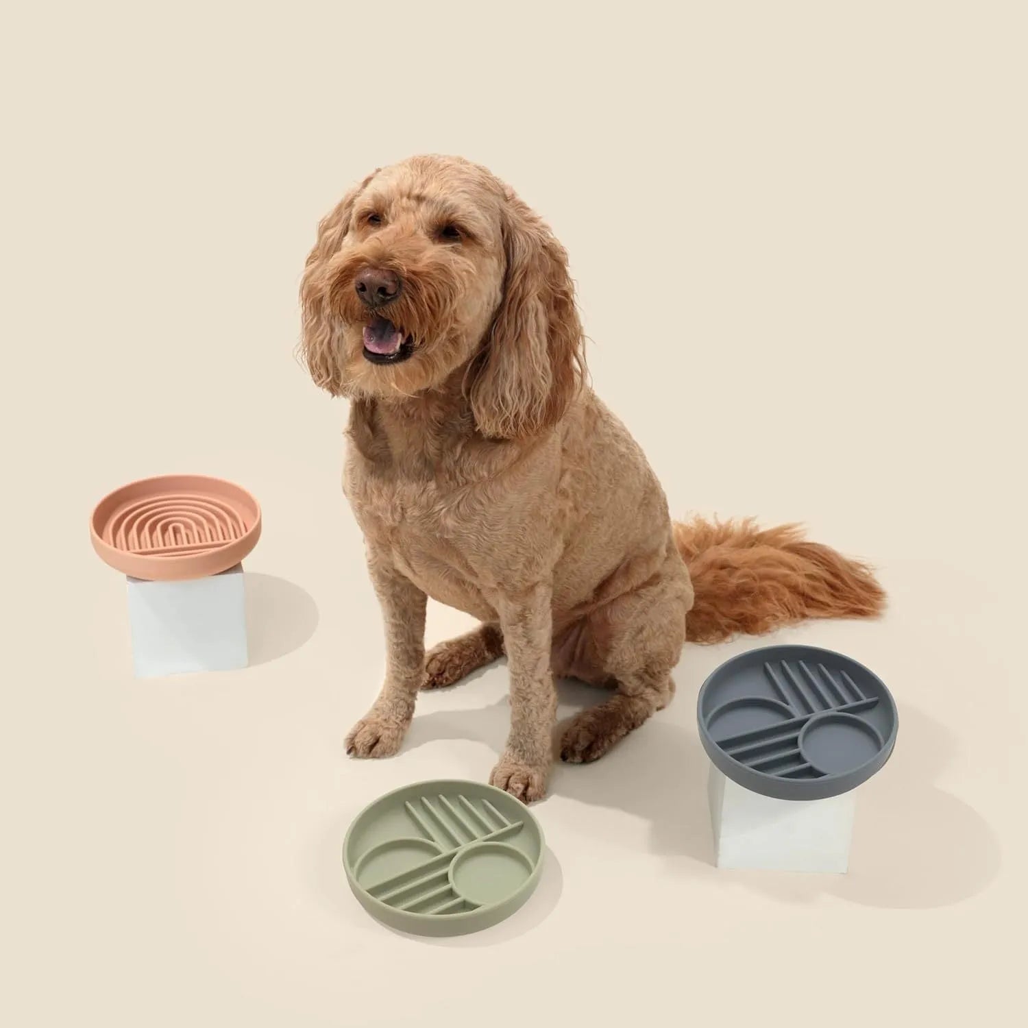 Silicone slow feeder dog bowl with textured ridges, shown in mustard green colour