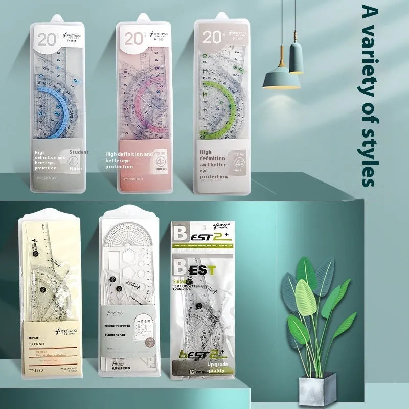 Youpai transparent acrylic ruler and square protractor set on a technical drawing.