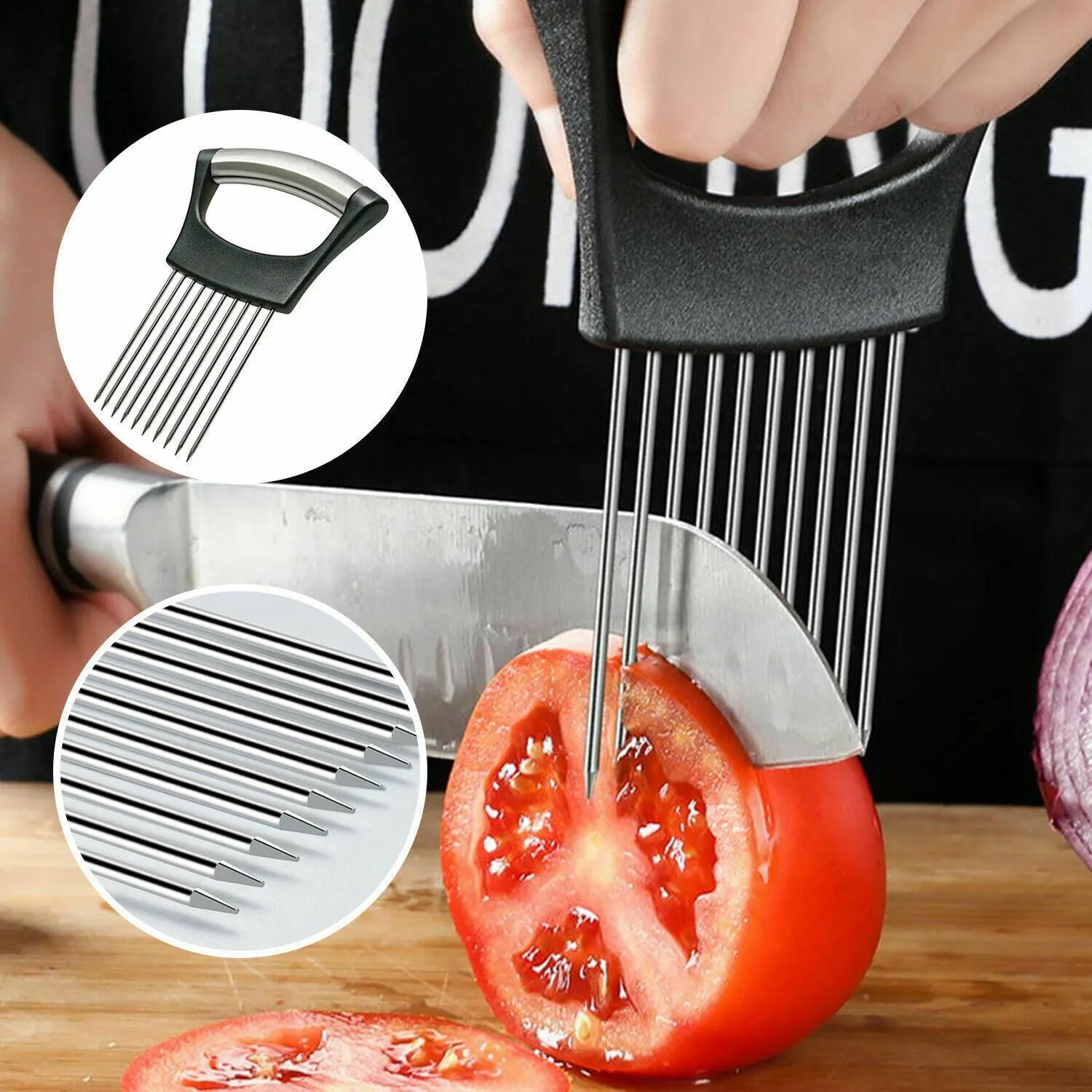 Stainless steel onion holder slicer with ABS handle on a kitchen worktop