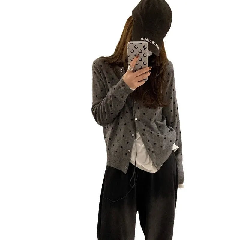 Women's grey dot crochet knitted cardigan with long sleeves and loose fit