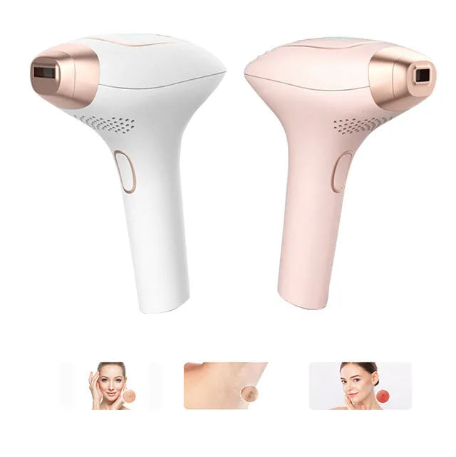 Pink and white laser hair removal device with ice-sensing technology, protective glasses, and charging cable
