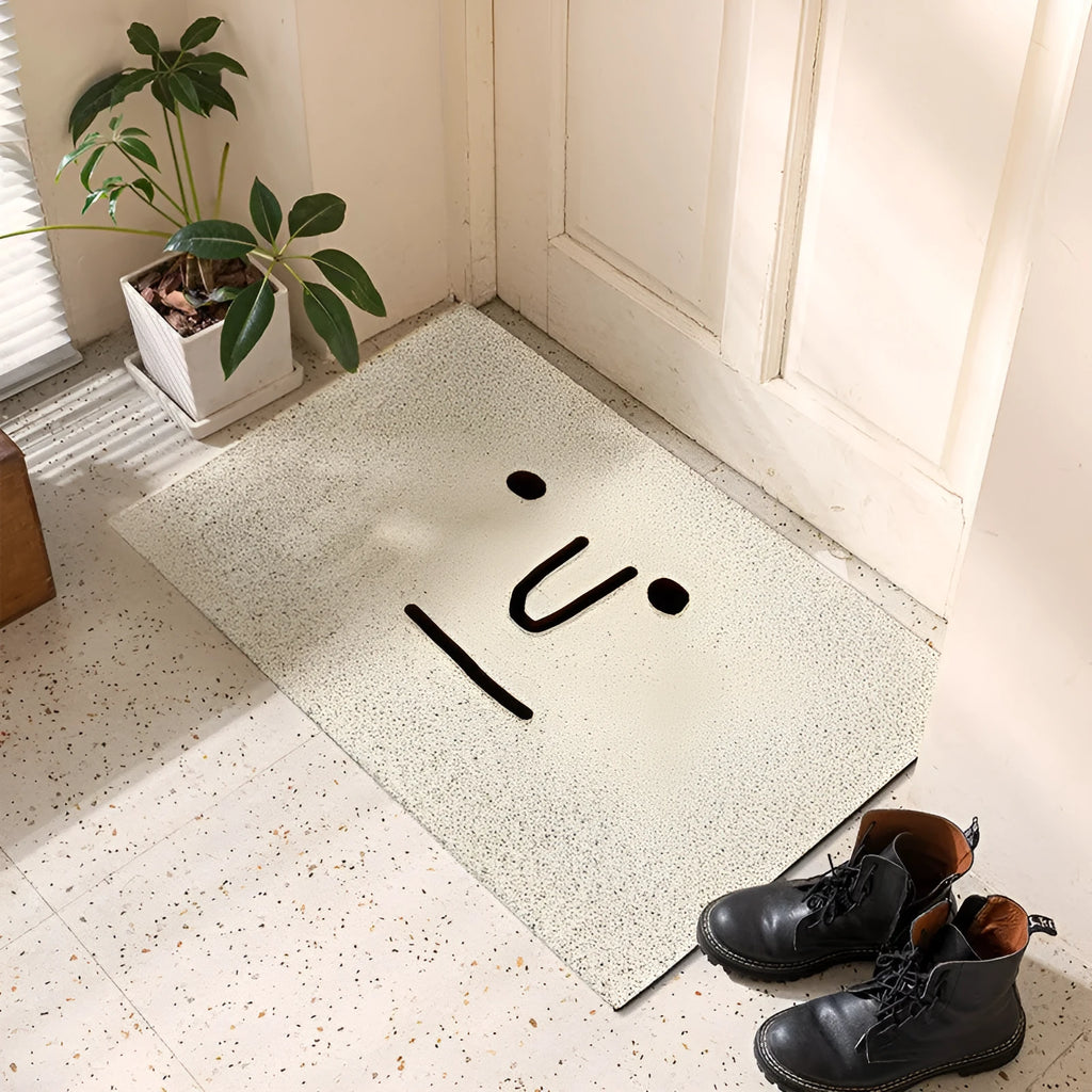 Mr. Big Nose cartoon facial expression PVC floor mat with geometric pattern in a square shape on a home floor.