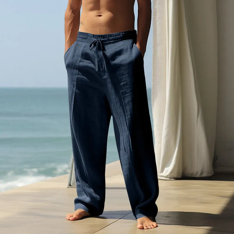 Men's loose-fit straight-leg cotton casual trousers in khaki colour
