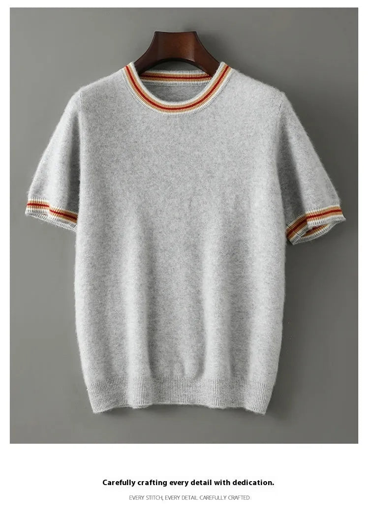Men's white pure wool short sleeve round neck pullover sweater laid flat