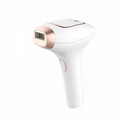 Pink and white laser hair removal device with ice-sensing technology, protective glasses, and charging cable