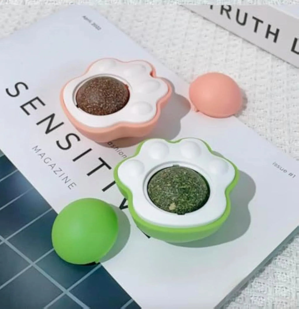 Set of four coloured catnip balls for dental cleaning and play, showing 45mm size