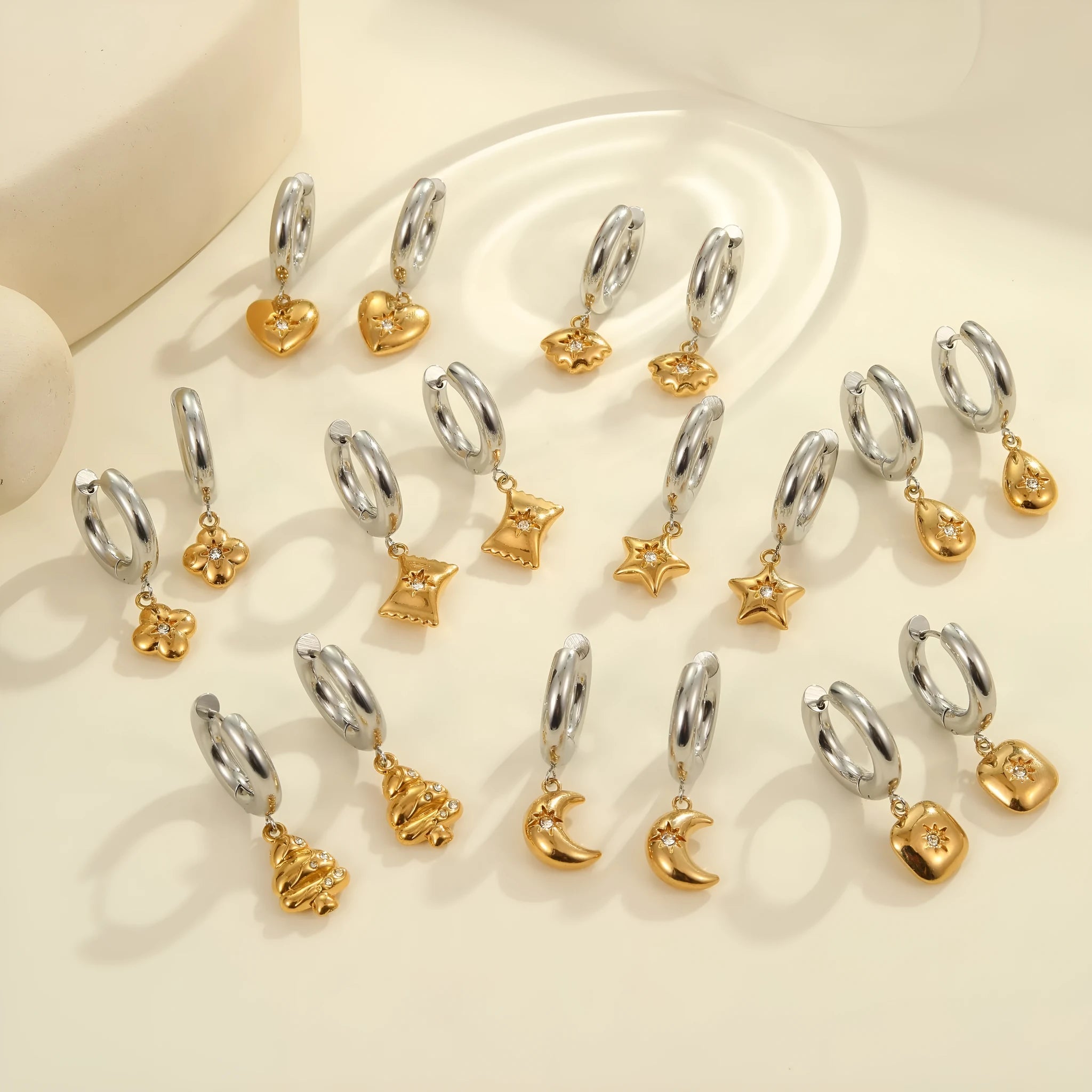 Christmas tree earrings with heart and star designs in 18K stainless steel electroplated jewellery