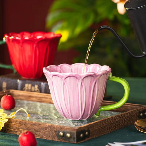 500ml pastoral pattern ceramic breakfast cup in red and purple colour options