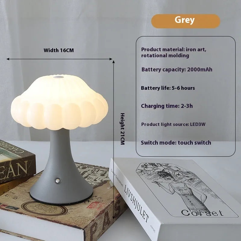 Mushroom-shaped touch lamp with USB charging in wood grain colour