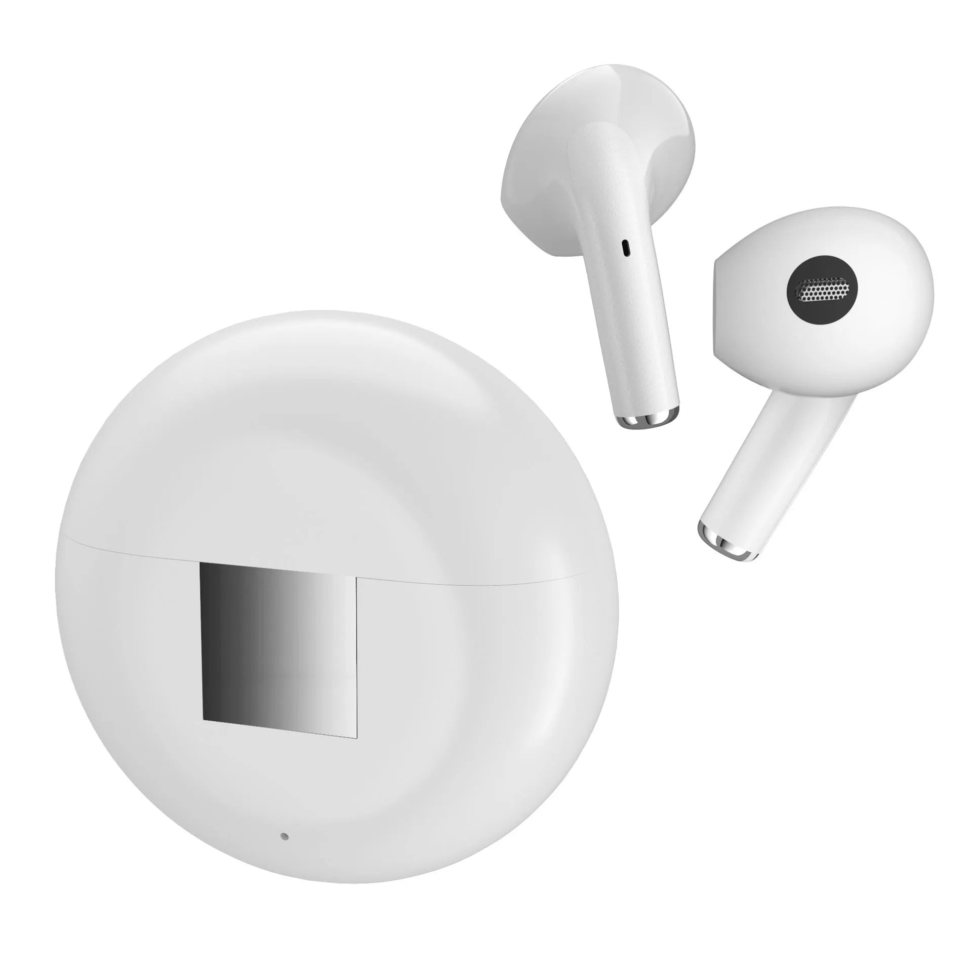 White Budz5 wireless Bluetooth semi-in-ear headphones with charging case showing earbuds and compartment