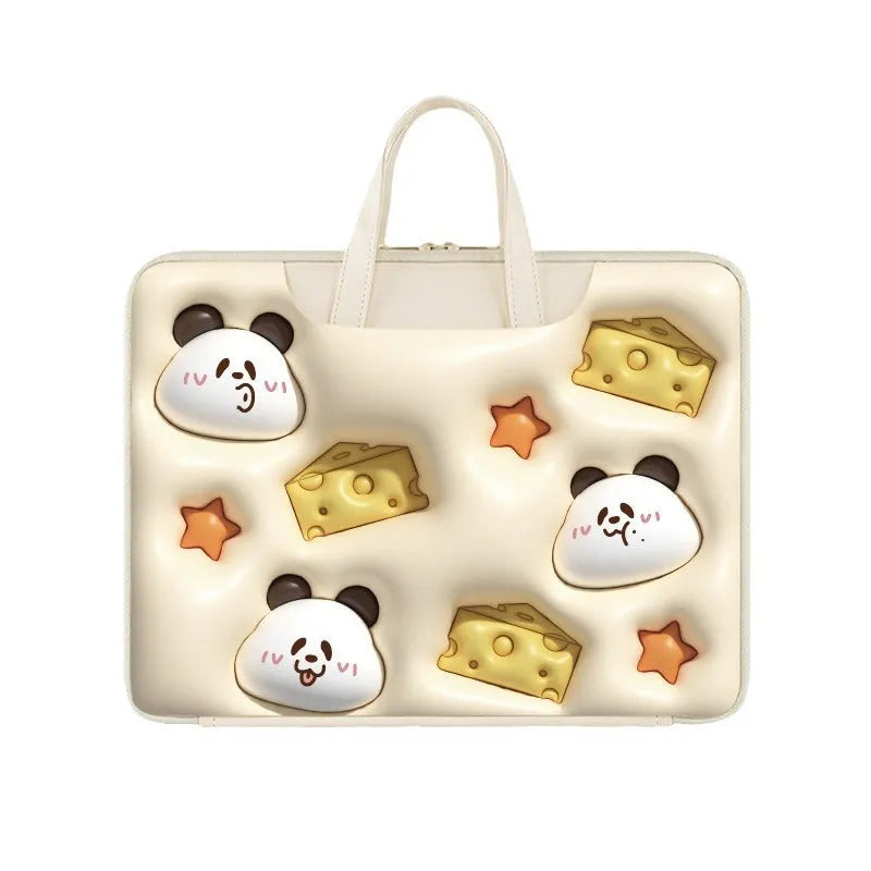 Inflatable PU leather laptop bag with hanging strap shown in a cute panda pattern design.