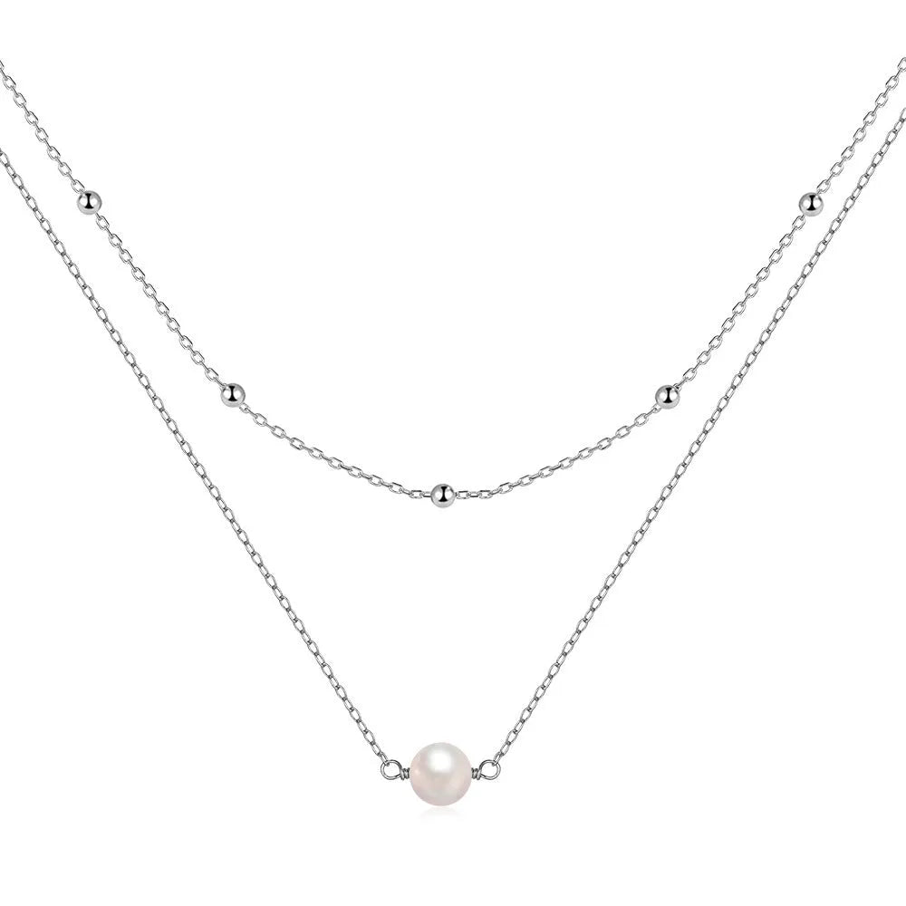 S925 sterling silver double layer twin pearl necklace with geometric pendant on ball bead chain