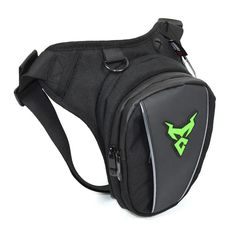 Motorcycle leg bag in red, blue, green, or grey, showing adjustable straps and 1200D Oxford cloth construction.