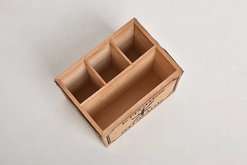 Wooden kitchen storage box with internal grid compartments for organising cutlery and chopsticks
