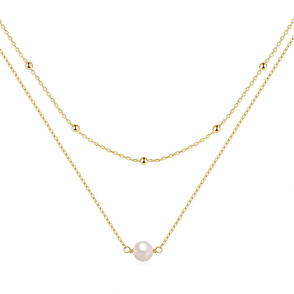 S925 sterling silver double layer twin pearl necklace with geometric pendant on ball bead chain