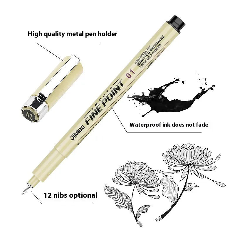 Needle drawing pen with waterproof hook line art cartoon design and hand-drawn syringe sketch styles