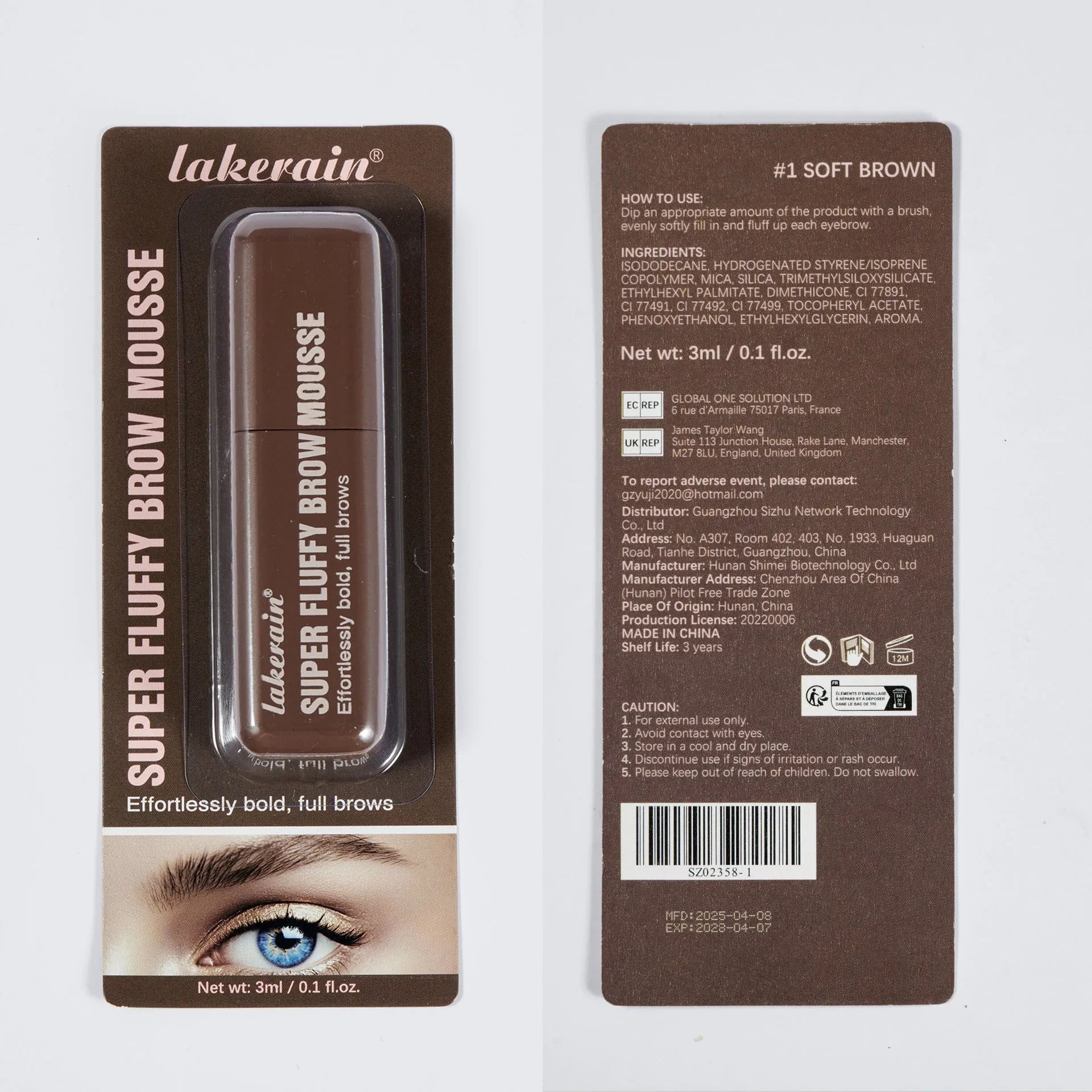 Eyebrow mousse cream in six colour shades including brown and black options