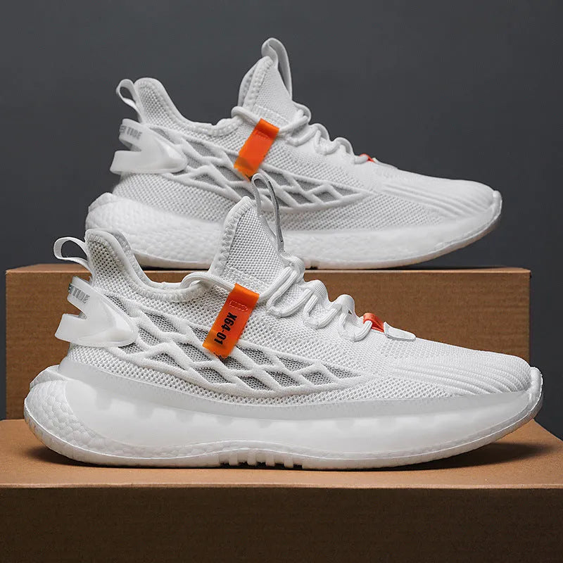Men's white fly woven mesh platform sneaker with lace-up front and flat rubber sole