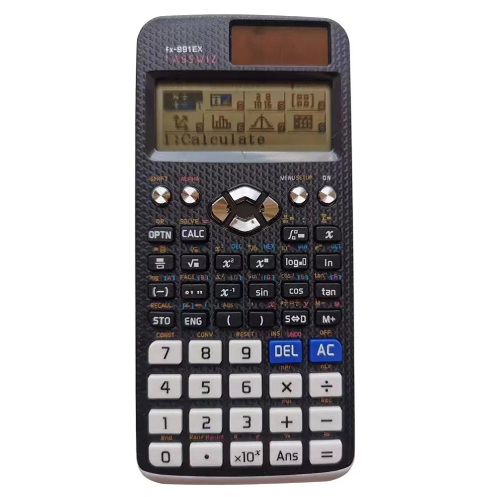 Scientific calculator with natural display in black, blue, or pink options for complex statistics