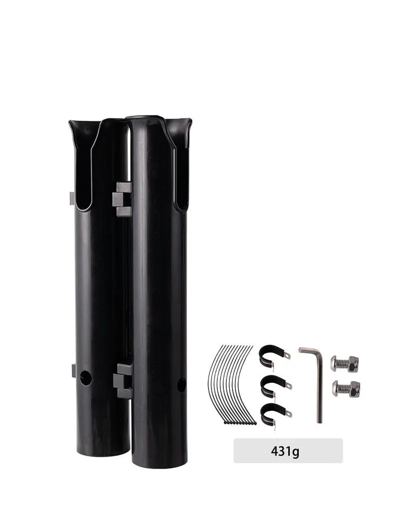 Plastic fishing rod rack with double-layer frame and pipe clamp for bicycle and motorcycle mounting