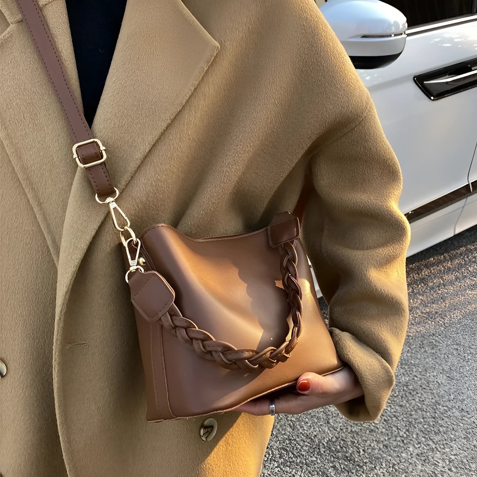 Retro woven PU leather unisex crossbody bucket bag in khaki colour.