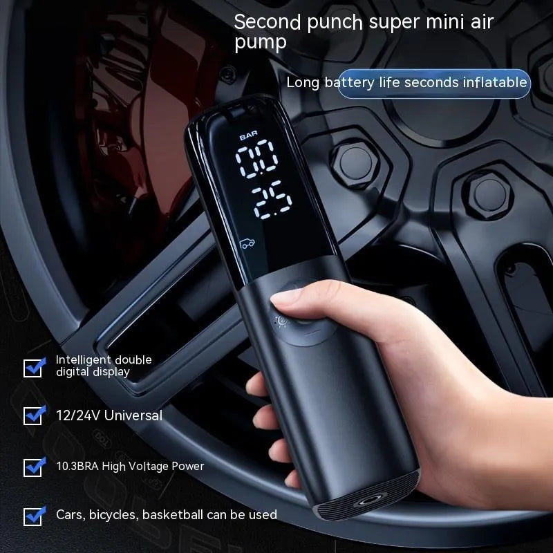 Black portable electric car air pump with tyre pressure gauge and plug-in cord