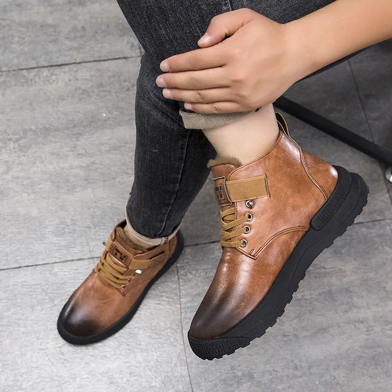 Black and brown Martin boots with high-top platform design and velvet detailing