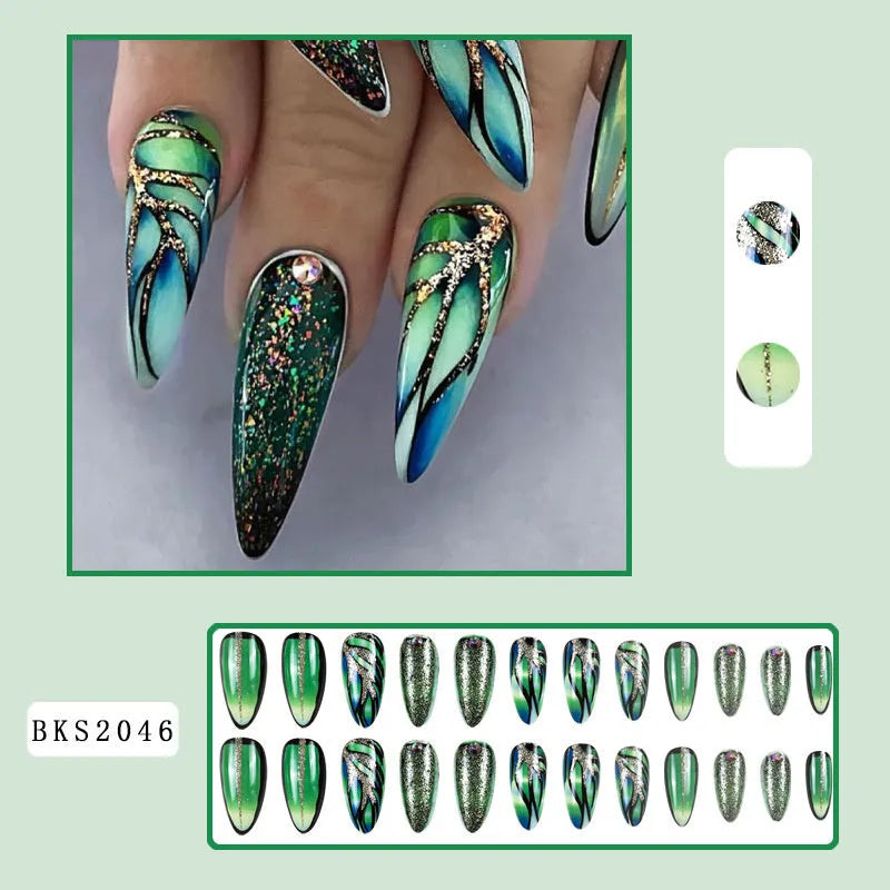 Almond-shaped European Square style nail stickers with colourful lines and rainbow patterns in four colour designs