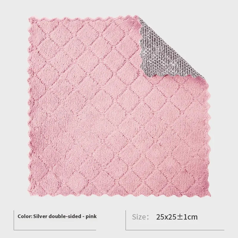 Silver wire and coloured microfiber cleaning cloths in 20x20cm and 25x25cm sizes laid flat.