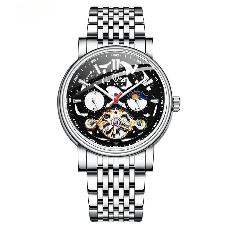 Men's fashion tourbillon mechanical watch with luminous dial on a metal bracelet, showing water resistant case.