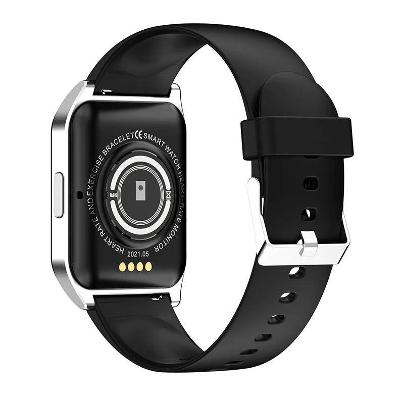 Black or silver smart watch with colour touchscreen and silicone strap for heart rate and Bluetooth calls.
