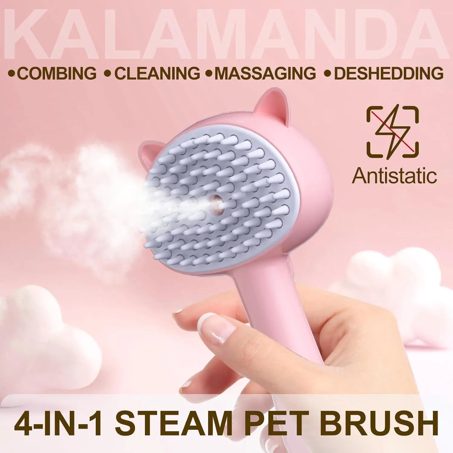 Blue cat steam brush with ergonomic handle, soft rubber bristles, and release button for pet grooming