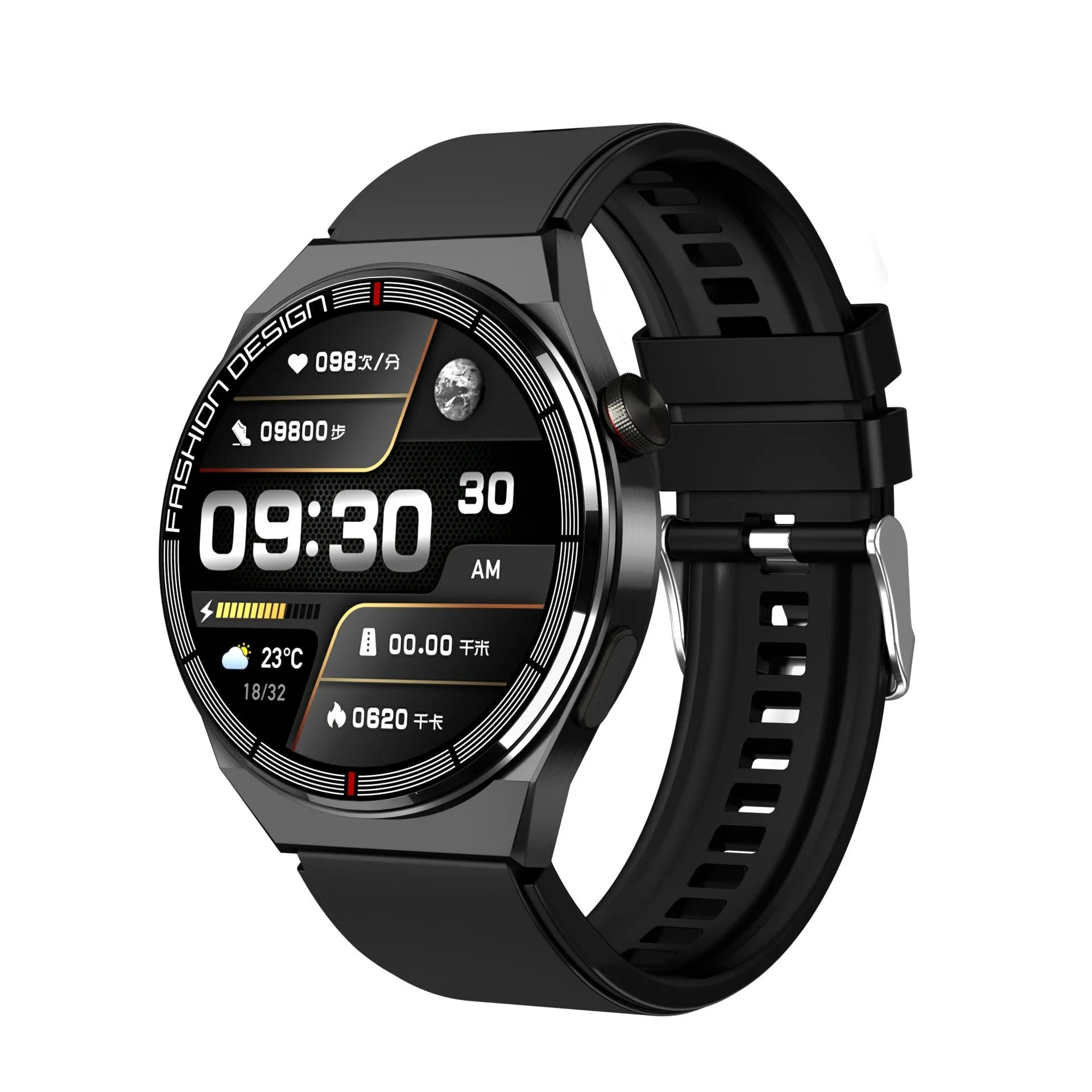 Black smartwatch with 46mm case on silicone strap showing heart rate monitoring display