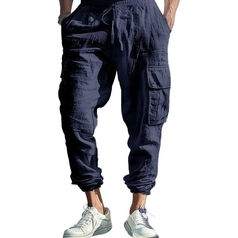 Men's ankle-tied linen casual trousers with multi-pocket tether in loose fit