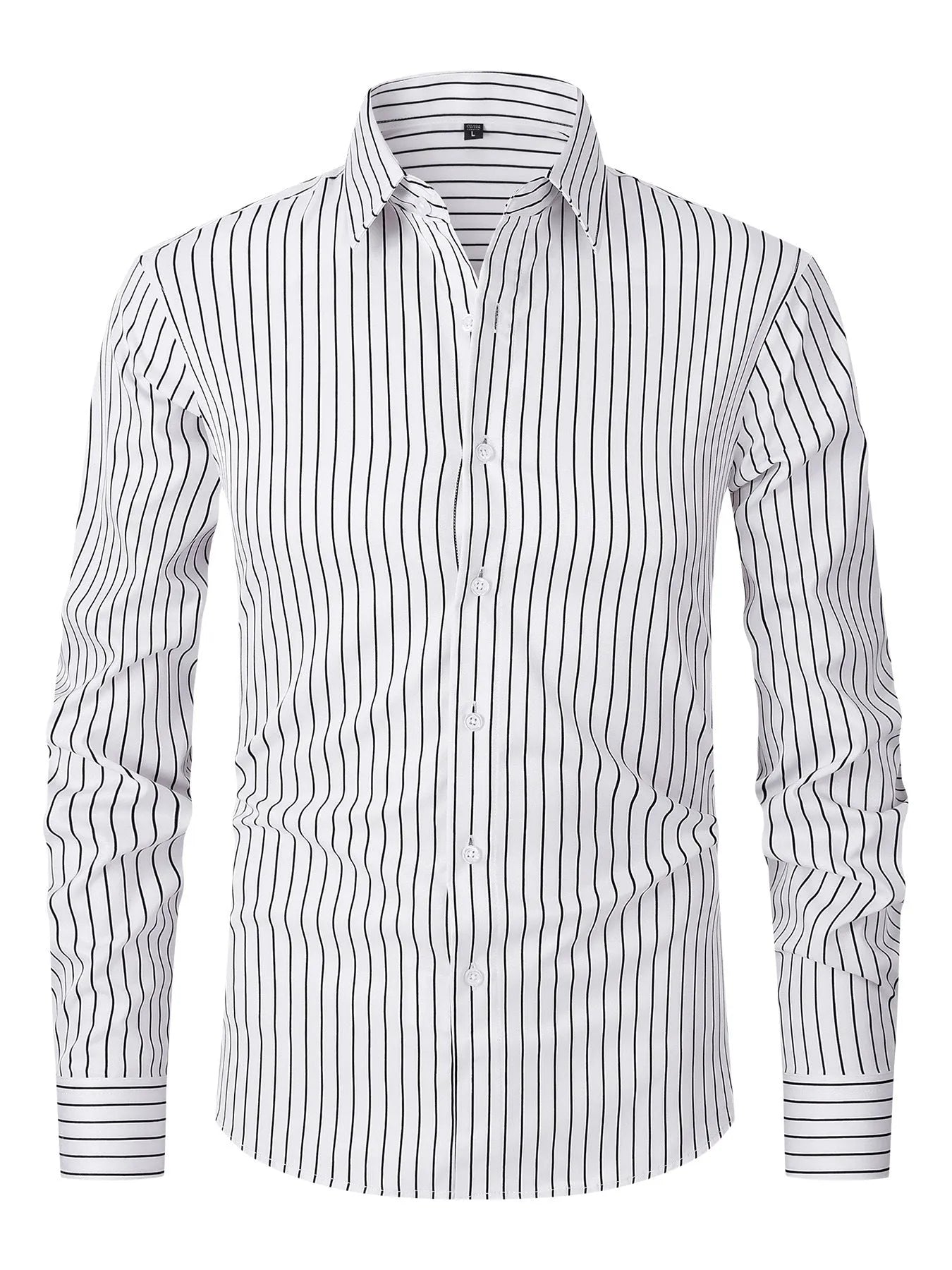 Men's striped ice silk polyester business shirt with slim fit on Asian mannequin showing XXS to XL sizing
