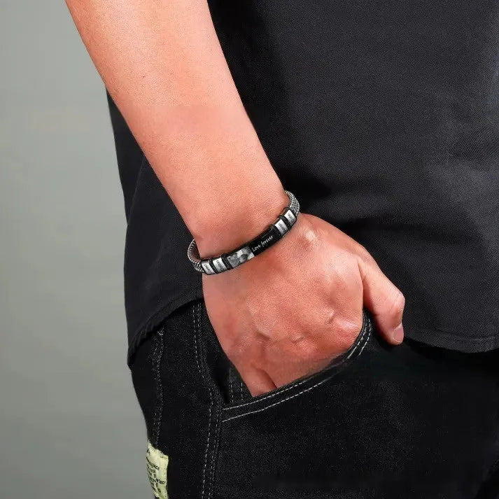 Men's stainless steel and leather rope bracelet with heart-shaped design and bead lettering options
