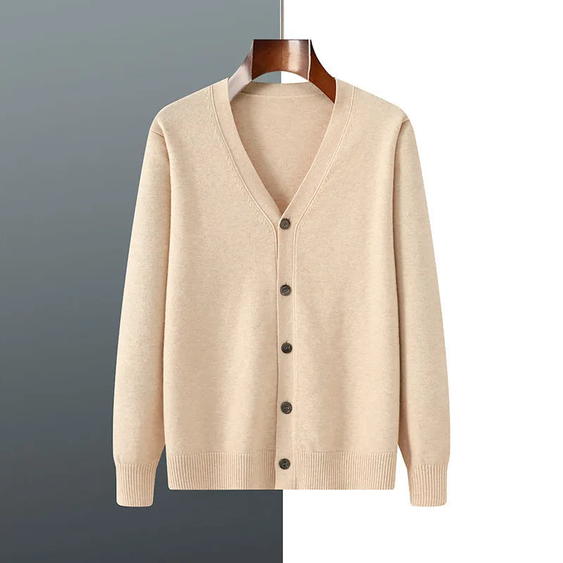 Man modelling a loose V-neck cardigan coat in Andy Velvet knitted fabric.
