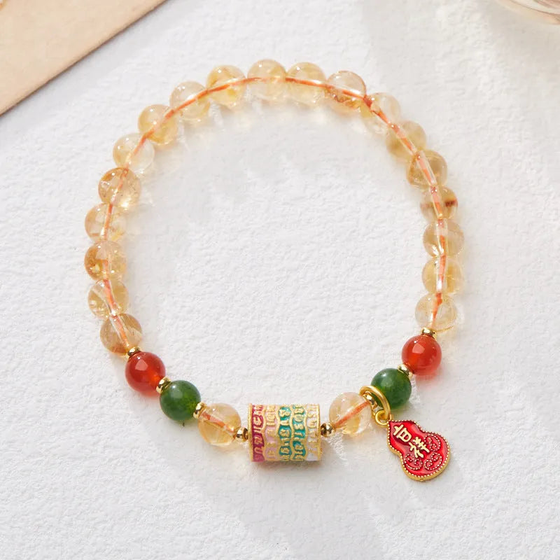 Hand-woven citrine five sutra bracelet with 6mm crystal beads and geometric five-warp design