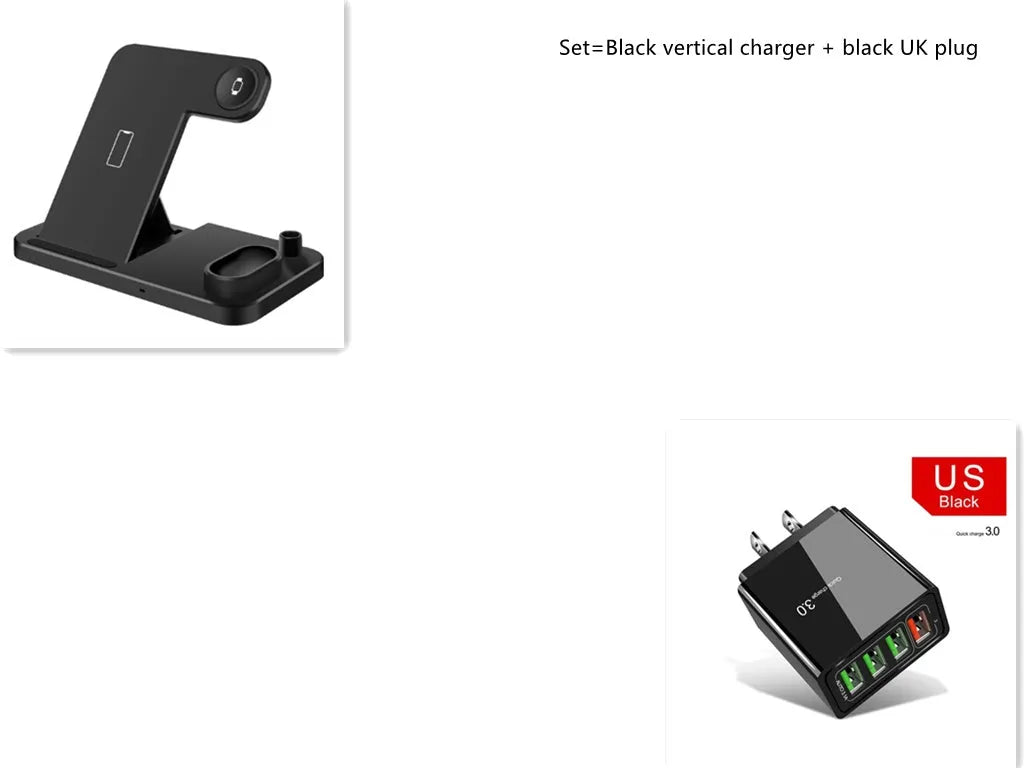 Black 4-in-1 wireless charging station showing phone, Apple Watch, AirPods, and Apple Pencil charging simultaneously.
